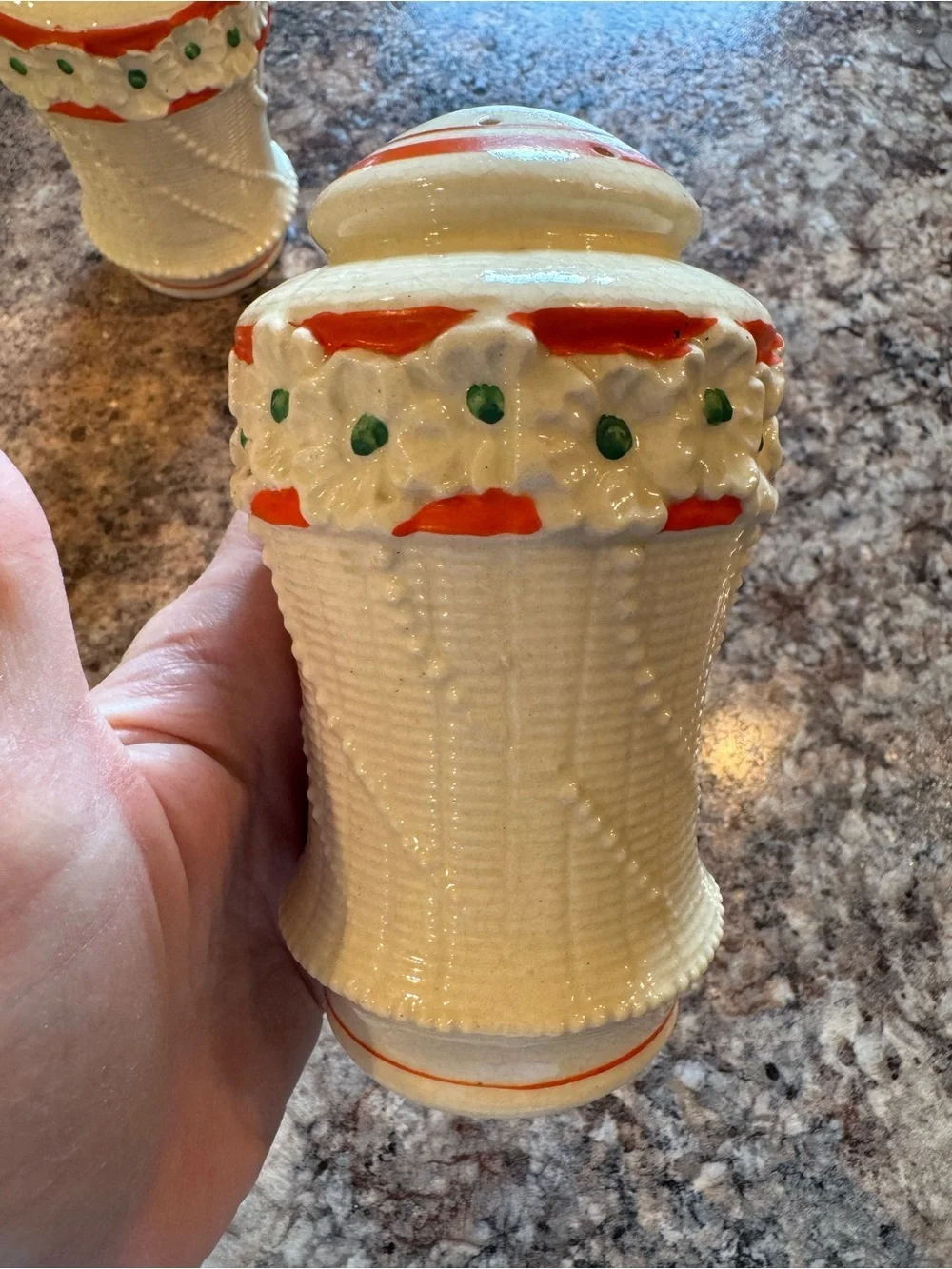 Vintage Japanese White Ceramic Salt and Pepper Shaker Set w/ Reddish/Orange Trim